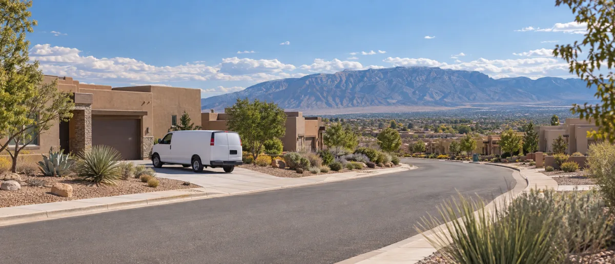 Illustrative Southwest neighborhood with a service van and a mountain range behind the homes.