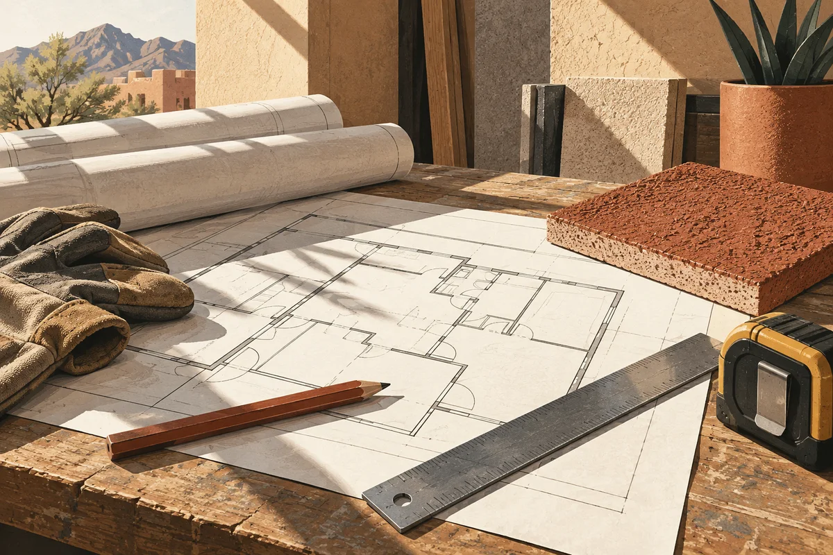 Illustration of house plans, work gloves, tools, and stucco samples on a sunlit workbench.