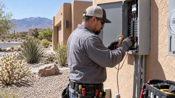 Illustration of an electrician working at a panel outside a Southwest home.