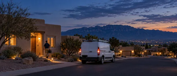 Illustrative Southwest neighborhood at dusk, with a service van and mountains in the distance.