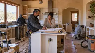 Illustration of a contractor and homeowner reviewing plans inside a kitchen renovation.